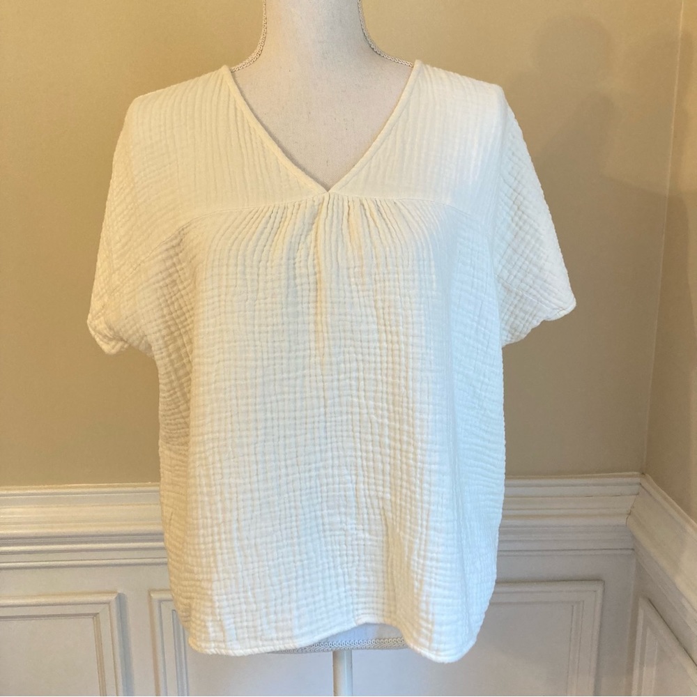 MADEWELL Cream Gauze V Neck Short Sleeve Top - Picture 2 of 9